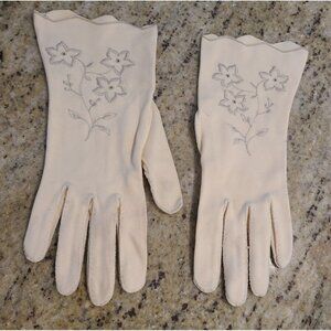 Vintage Size XS S Beige Cotton Formal 8.5" Gloves Embroidered Flower Scallop